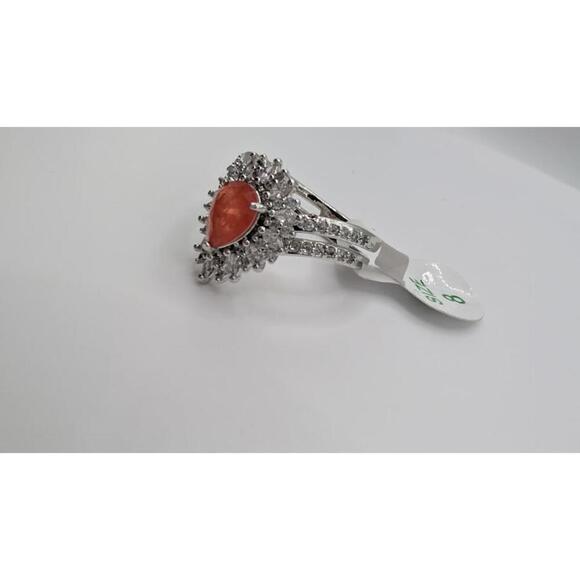 Silver Ring with Orange Gemstone and Clear Accent Stones, Size 8 - Picture 4 of 9
